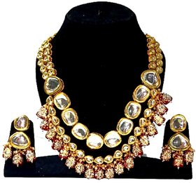 Kundan Jewellery Necklace Gold Plated Kundan Stones Back Side Handmade Meena Work Maroon Moti Jewelry Set for Woman.