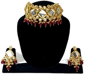 Kundan Necklace Gold Plated Kundan Stones Back Side Handmade Meena Work Maroon Moti Jewellery Set for Woman  Girls