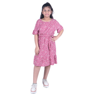                       Kid Kupboard Cotton Dark Pink Short-Sleeves Frock for Girls, 8-9 Years                                              