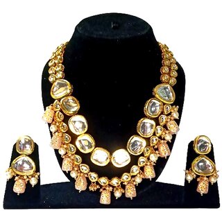                       Kundan Necklace Gold Plated Four Layers Kundan Stones Peech Moti Back Side Handmade Meena Work Jewelry Set for Women                                              