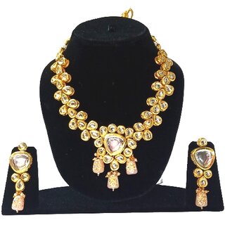                       Kundan Necklace Gold Plated Kundan Stones Peach Moti Back Side Hand made Meena Work Jewelry Set for Women  Girls                                              