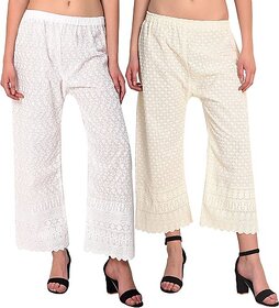 Pack of 2 Women Relaxed Cream, White Cotton Blend Trousers