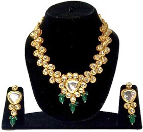 Kundan Necklace Gold Plated Kundan Stones Green Moti Back Side Hand made Meena Work Jewellery Set for Women  Girls