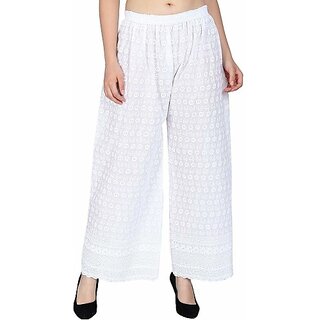                       Women Relaxed White Cotton Blend Trousers                                              