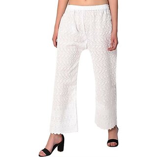                       Women Relaxed White Cotton Blend Trousers                                              