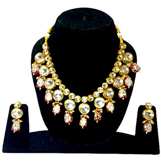 Kundan Necklace Gold Plated Kundan Stones Maroon Moti Back Side Hand made Meena Work Jewellery Set for Women  Girls