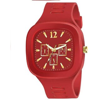                       Latest Trendy Designer Red Analog Watch For Men And Kids with Square Dial with Silicone Strap                                              