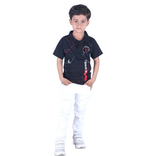                       Kid Kupboard Polycotton Black Half-Sleeves Collared Neck T-Shirt For Boys                                              