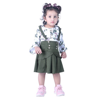                       Kid Kupboard Polycotton White Full-Sleeves Top and Oilve Green Skirt For Baby Girls                                              