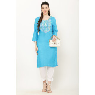                       Vivient Women Sky Blue Embroidered Kurti with White Pant                                              