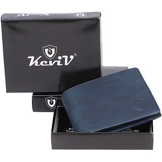                       Keviv Mens Casual Blue Genuine Leather Rfid  Wallet  (5 Card Slots)                                              