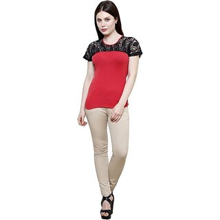                       RENKA Casual Regular Sleeves Self Design Women Red, Black Top                                              