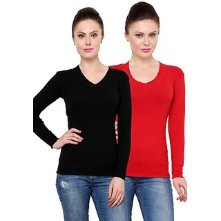 RENKA Pack of 2 Casual Regular Sleeves Solid Women Black, Red Top