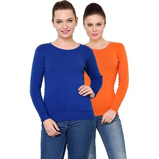                       RENKA Pack of 2 Casual Regular Sleeves Solid Women Orange, Blue Top                                              