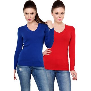                       RENKA Pack of 2 Casual Regular Sleeves Solid Women Blue, Red Top                                              
