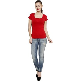                       RENKA Casual Regular Sleeves Solid Women Red Top                                              