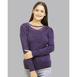                       RENKA Casual Regular Sleeves Self Design Women Purple Top                                              