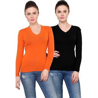                       RENKA Pack of 2 Casual Regular Sleeves Solid Women Black, Orange Top                                              