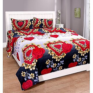                       Red Petal Polycotton Double Bedsheet With Two Pillow Covers                                              