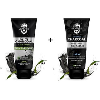 The Menshine Combo Kit Of Active Charcoal  & Charcoal Face Scrub(100Ml Each) Men All Skin Types Face Wash (200 Ml)