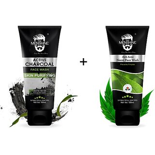                       The Menshine Active Charcoal & Anti Acne Neem|Pimple Free|Dry Skin| Men All Skin Types Face Wash (200 G)                                              