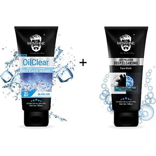                       The Menshine Combo Kit Of Oil Clear & Anti Pollution(100Ml Each)|Deep Cleansing|Icy|200Ml Men All Skin Types Face Wash (200 Ml)                                              