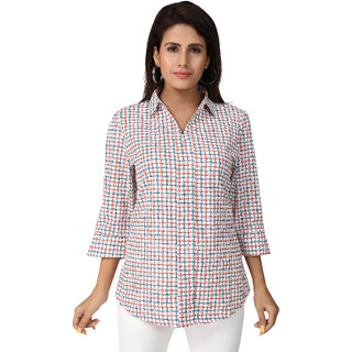                       MISS TEASE Exclusive Spread Collar Poly Cotton Checkered Regular Fit 3/4th Sleeves Blue Plus Size Top For Women                                              