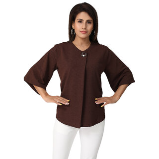                       MISS TEASE Exclusive Round Neck Poly Cotton Solid Regular Fit 3/4th Sleeves Brown Plus Size Top For Women                                              