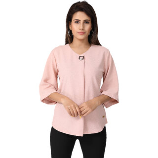                       MISS TEASE Exclusive Round Neck Poly Cotton Solid Regular Fit 3/4th Sleeves Pink Plus Size Top For Women                                              