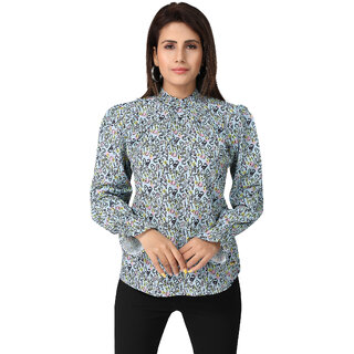                       MISS TEASE Exclusive High Neck Poly Cotton Graphic Print Regular Fit Full Sleeves Blue Plus Size Top For Women                                              