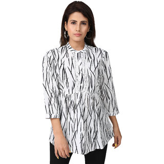                       MISS TEASE Exclusive V-Neck Poly Chiffon Graphic Print Regular Fit Full Sleeves White Plus Size Top For Women                                              