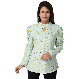                       MISS TEASE Exclusive Cowl Collar Cotton Lycra Printed Regular Fit Full Sleeves Green Plus Size Top For Women                                              