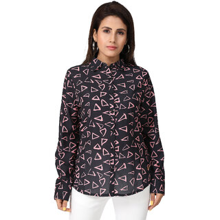                       MISS TEASE Exclusive V-Neck Poly Chiffon Graphic Print Regular Fit Full Sleeves Black Plus Size Top For Women                                              