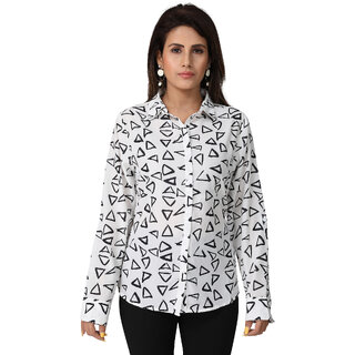                       MISS TEASE Exclusive V-Neck Poly Chiffon Graphic Print Regular Fit Full Sleeves White Plus Size Top For Women                                              