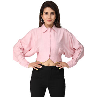                       MISS TEASE Exclusive V-Neck Poly Cotton Solid Regular Fit Full Sleeves Pink Plus Size Top For Women                                              