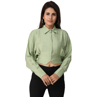                       MISS TEASE Exclusive V-Neck Poly Cotton Solid Regular Fit Full Sleeves Green Plus Size Top For Women                                              