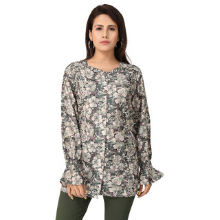                       MISS TEASE Exclusive Square Neck Poly Chiffon Floral Print Regular Fit Full Sleeves Beige Plus Size Top For Women                                              