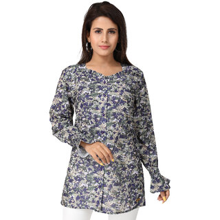                       MISS TEASE Exclusive Square Neck Poly Chiffon Floral Print Regular Fit Full Sleeves Blue Plus Size Top For Women                                              