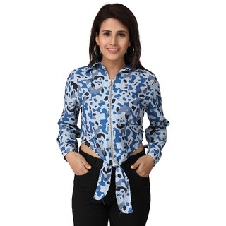                       MISS TEASE Exclusive V-Neck Poly Chiffon Graphic Print Regular Fit Full Sleeves Blue Plus Size Top For Women                                              