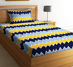 Home Decore Yellow Zigzag 210 TC Indian Glace Cotton 1 Bedsheet (60 x 90 ) + 1 King Size Pillow Cover (20 x 30)