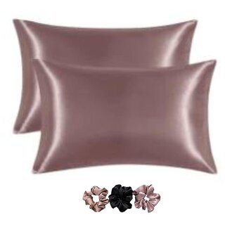                       Satin Silk Pillow Cover for Hair Skin 2 Piece Free 3 Piece Satin Silk Soft Scrunchies for Women Stylish (Rose Taupe)                                              