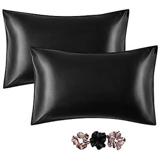                       Go Well Satin Silk Pillow Cover for Hair and Skin 2 Piece with 3 Piece Satin Silk Soft Scrunchies for Women Stylish Silk Pillow Covers with Envelope Closure end DesignSilk Pillow Cases(Black) 600 TC                                              