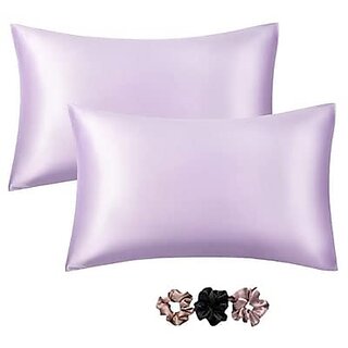                       Go Well Satin Silk Pillow Cover for Hair and Skin 2 Piece with 3 Piece Satin Silk Soft Scrunchies for Women Silk Pillow Covers with Envelope Closure end DesignSilk Pillow Cases(Light Purple) 600 TC                                              