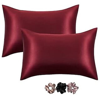                       Go Well Satin Silk Pillow Cover for Hair and Skin 2 Piece with 3 Piece Satin Silk Soft Scrunchies for Women Stylish Silk Pillow Covers with Envelope Closure end DesignSilk Pillow Cases(Maroon) 600 TC                                              