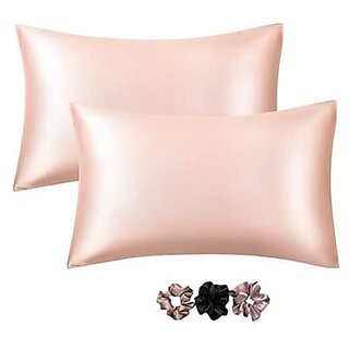                       Go Well Satin Silk Pillow Cover for Hair and Skin 2 Piece with 3 Piece Satin Silk Soft Scrunchies for Women Stylish Silk Pillow Covers with Envelope Closure end DesignSilk Pillow Cases(Peach) 600 TC                                              