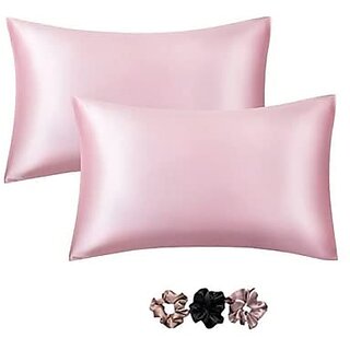                       Go Well Satin Silk Pillow Cover for Hair and Skin 2 Piece with 3 Piece Satin Silk Soft Scrunchies for Women Stylish Silk Pillow Covers with Envelope Closure end DesignSilk Pillow Cases(Pink) 600 TC                                              