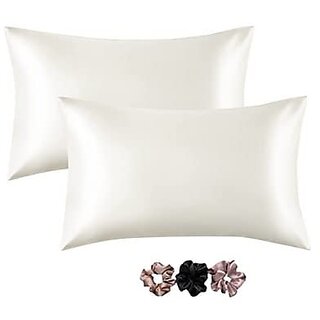                       Go Well Satin Silk Pillow Cover for Hair and Skin 2 Piece with 3 Piece Satin Silk Soft Scrunchies for Women Stylish Silk Pillow Covers with Envelope Closure end DesignSilk Pillow Cases(White) 600 TC                                              