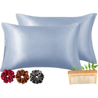                       Viozy Satin Pillow Covers Set of 2  Silk Pillow Cases for Hair and Skin  Satin Pillow Covers for Hair  Silk Pillow case  Hair scrunchies for Women 3Pcs. (Airy Blue)                                              