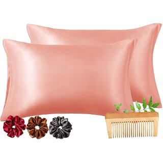                       Viozy Satin Pillow Set of 2  Silk Pillow Cases for Hair and Skin  Satin Pillow Covers for Hair  Silk Pillow case  Hair scrunchies for Women 3Pcs. (Blush)                                              