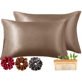                       Viozy Satin Pillow Covers Set of 2  Silk Pillow Cases for Hair and Skin  Satin Pillow Covers for Hair  Silk Pillow case  Hair scrunchies for Women 3Pcs. (Coffee)                                              